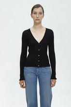 Load image into Gallery viewer, Susan Premier Ruffled Trim Extra Fine Merino Cardigan — A Whisper of Timeless Elegance