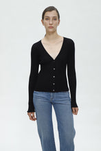 Load image into Gallery viewer, Susan Premier Ruffled Trim Extra Fine Merino Cardigan — A Whisper of Timeless Elegance