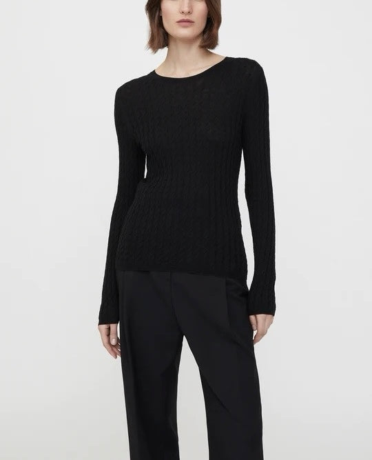 Cable Merino Wool Round Neck Long Sleeve Sweater