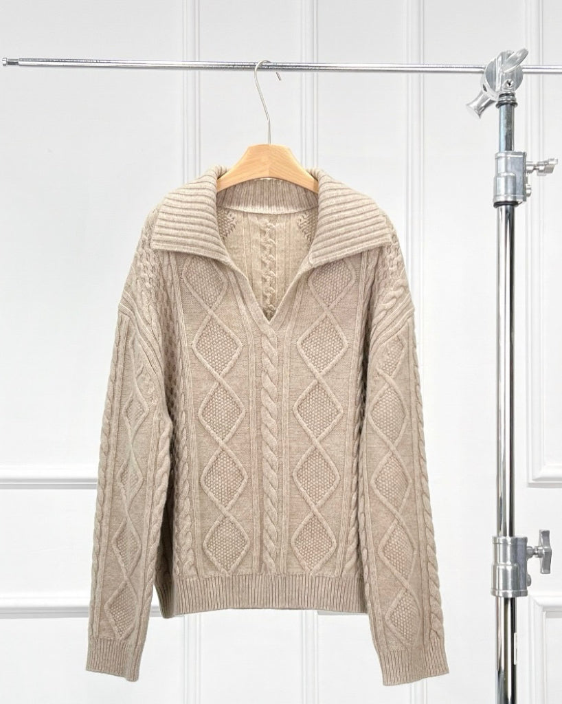 Allison Wool Cable Knit V-Neck Sweater