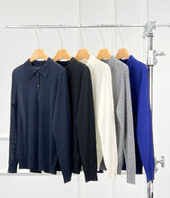 将图片加载到图库查看器，Classic Merino Wool Long Sleeve Knit Polo Shirt
