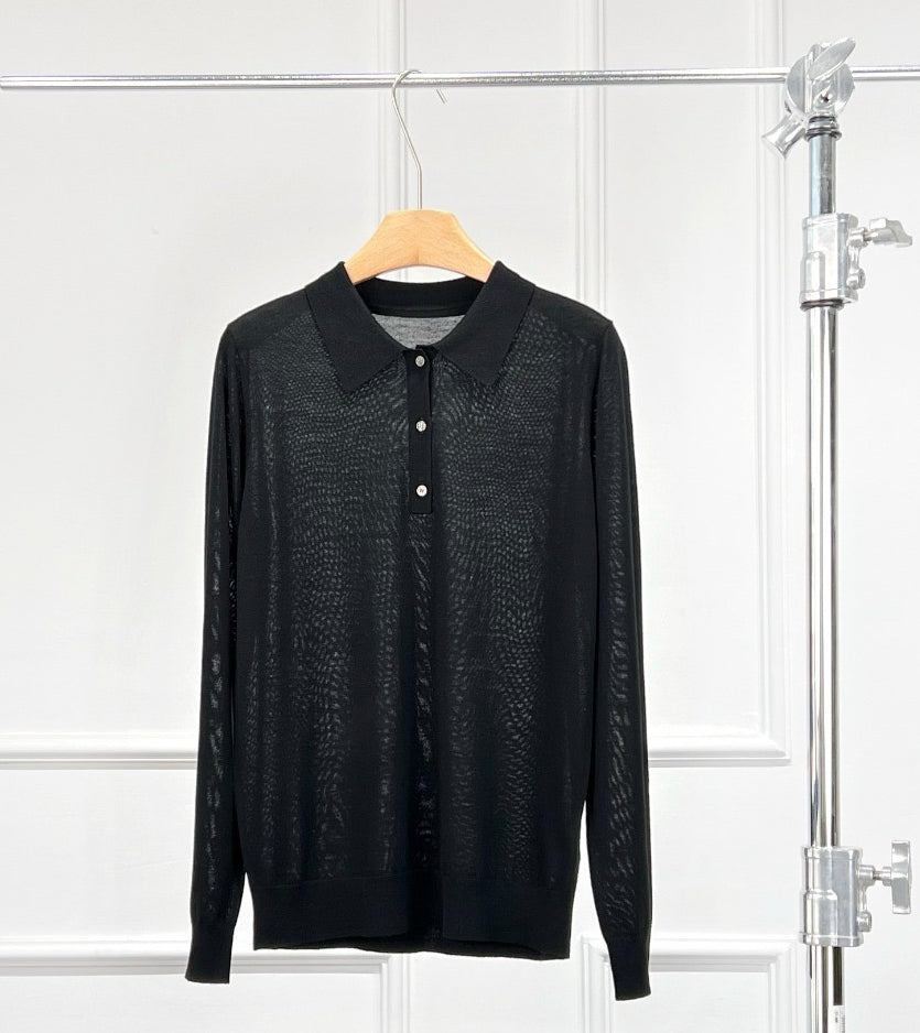 Classic Merino Wool Long Sleeve Knit Polo Shirt
