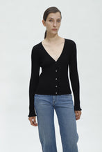 Load image into Gallery viewer, Susan Premier Ruffled Trim Extra Fine Merino Cardigan — A Whisper of Timeless Elegance
