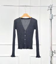 Load image into Gallery viewer, Susan Premier Ruffled Trim Extra Fine Merino Cardigan — A Whisper of Timeless Elegance

