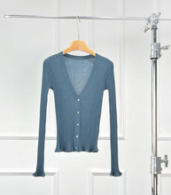 Load image into Gallery viewer, Susan Premier Ruffled Trim Extra Fine Merino Cardigan — A Whisper of Timeless Elegance
