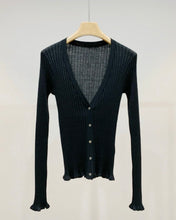 Load image into Gallery viewer, Susan Premier Ruffled Trim Extra Fine Merino Cardigan — A Whisper of Timeless Elegance
