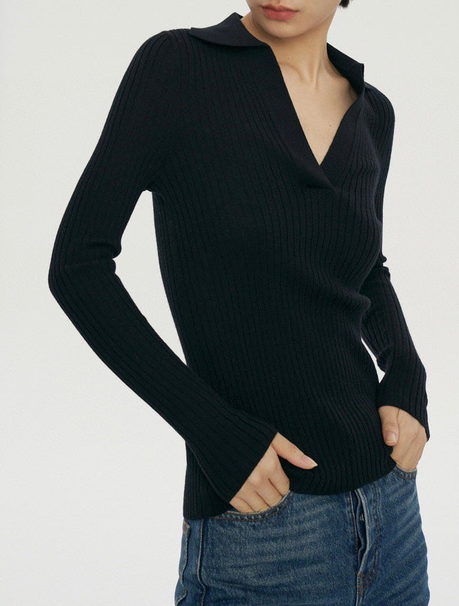 Pandora Merino Wool Pitted V-neck Long-sleeved Sweater