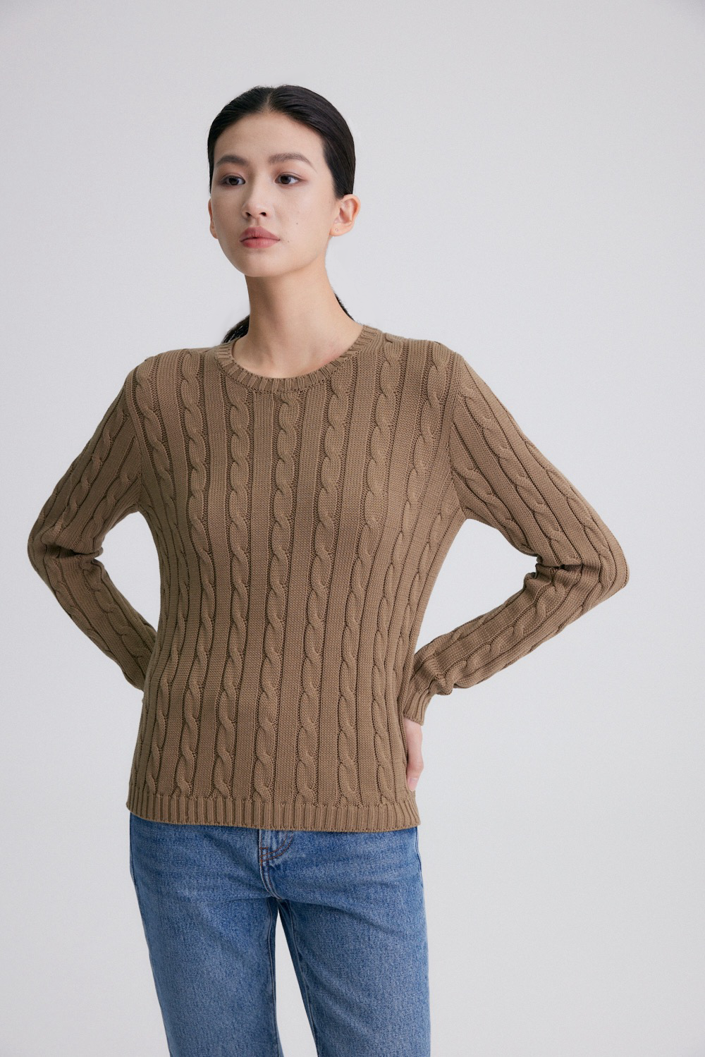 Classic Cable Round Neck Cable Knit Sweater