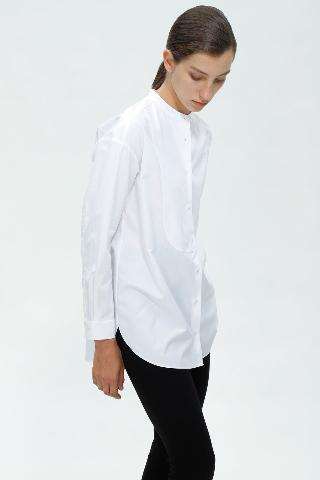 Tuxedo Stand Collar Cotton Sateen Shirt